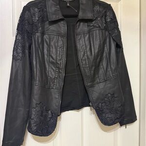 White House Black Market Black Floral Leather Like  Jacket